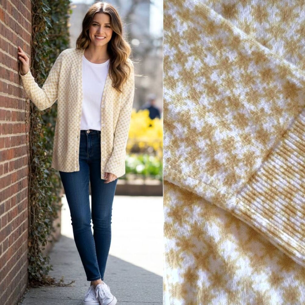 Merona Yellow White Patterned Button Front Cardig… - image 1